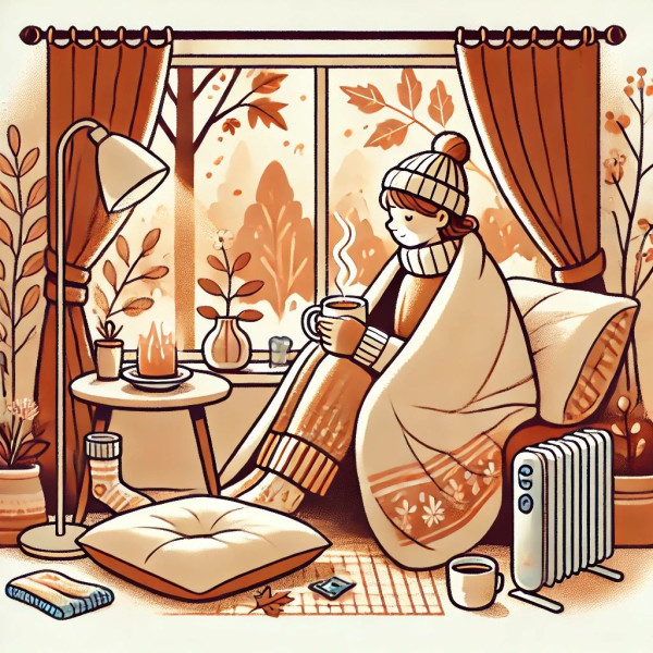 DALL·E 2024-10-31 18.30.44 - A cozy illustration showing a person in a warm indoor setting, enjoying a hot cup of tea while wrapped in a blanket. The person is sitting comfortably