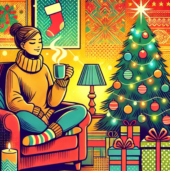 DALL·E 2024-12-26 12.22.24 - A cheerful and uplifting pop-art style illustration of a person enjoying a peaceful moment during the holiday season. The person is sitting on a cozy