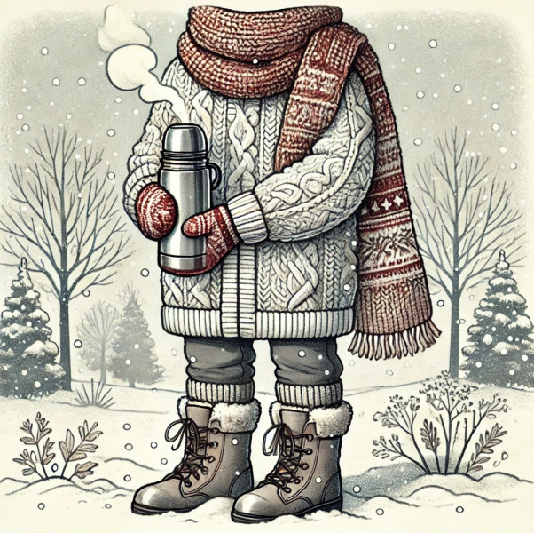 DALL·E 2024-12-05 12.20.23 - A detailed and cozy illustration of a person bundled up warmly for a winter walk outdoors. They are wearing a scarf, gloves, and boots while holding a