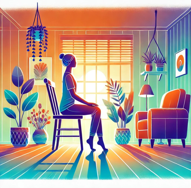 DALL·E 2025-01-16 17.19.09 - An artistic and vibrant illustration of a person practicing good posture in a cozy indoor environment. The person is sitting upright on a chair with a