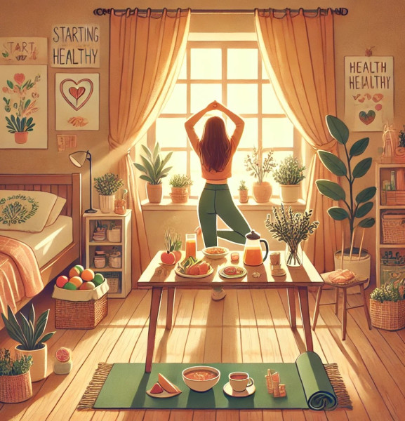 DALL·E 2025-01-09 16.51.36 - A warm and inviting illustration of a morning self-care routine to start the new year healthily. The image features a cozy room with soft natural ligh